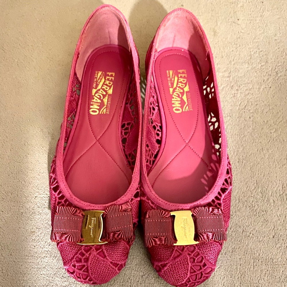 Salvatore Ferragamo Magenta Lace Flats